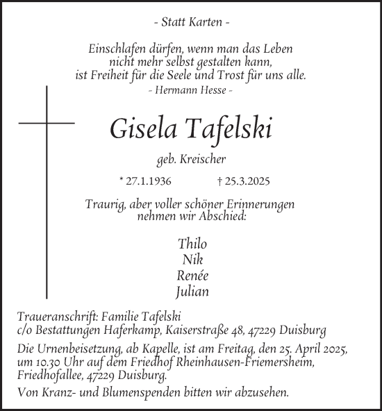 Traueranzeige von Gisela Tafelski von Tageszeitung