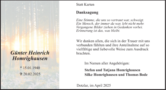 Traueranzeige von Günter Heinrich Homrighausen von Tageszeitung