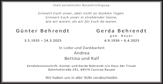 Traueranzeige von Günter und Gerda Behrendt von Tageszeitung