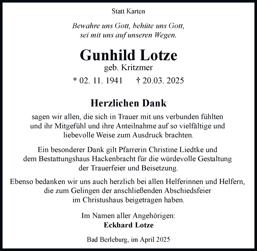  Traueranzeige für Gunhild Lotze vom 26.04.2025 aus Tageszeitung