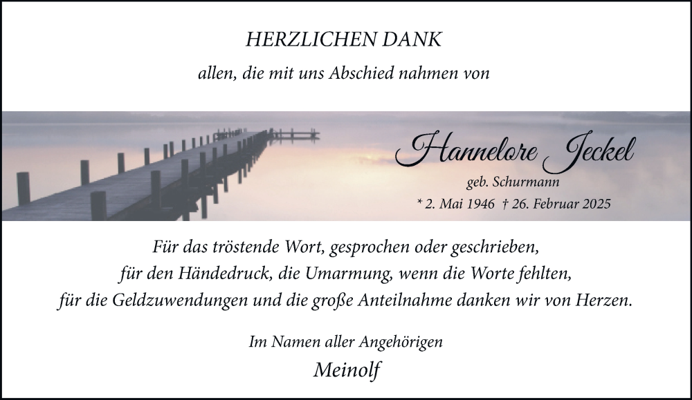  Traueranzeige für Hannelore Jeckel vom 12.04.2025 aus Tageszeitung