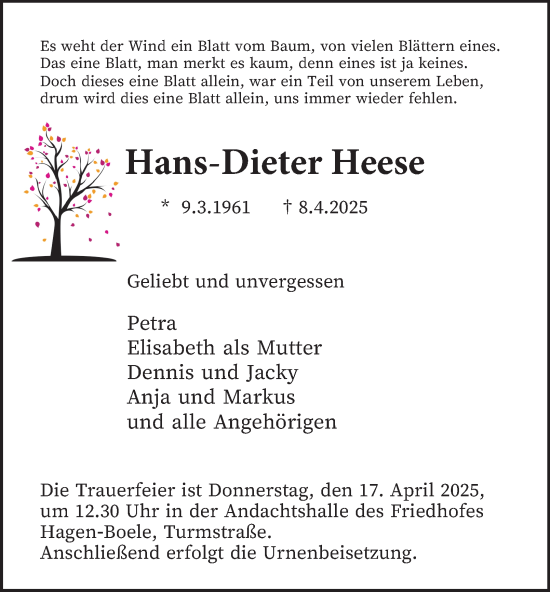 Traueranzeige von Hans-Dieter Heese von Tageszeitung