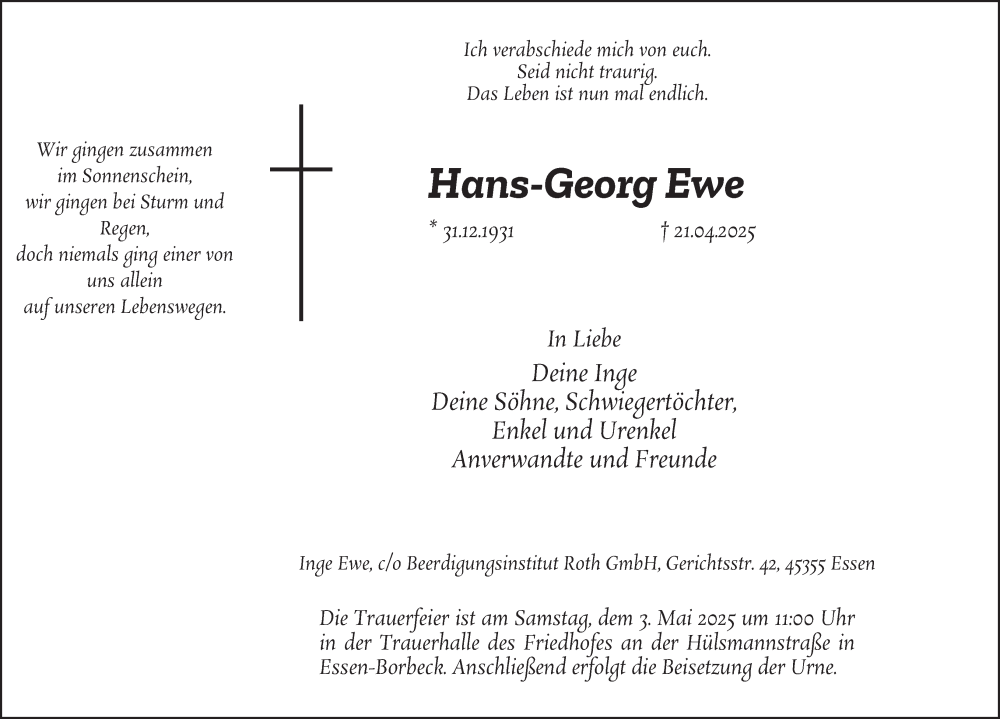  Traueranzeige für Hans-Georg Ewe vom 26.04.2025 aus Tageszeitung