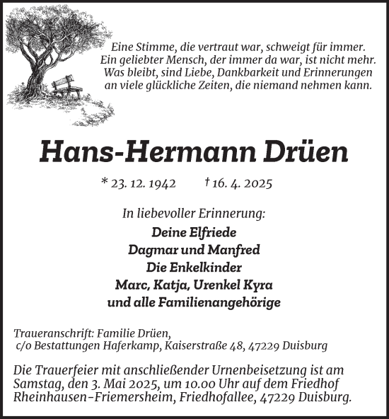 Traueranzeige von Hans-Hermann Drüen von Tageszeitung