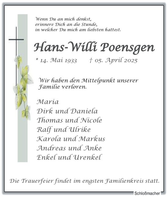 Traueranzeige von Hans-Willi Poensgen von Tageszeitung