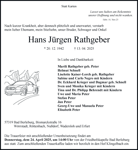 Traueranzeige von Hans Jürgen Rathgeber von Tageszeitung