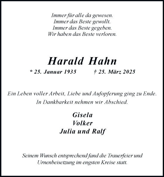 Traueranzeige von Harald Hahn von Tageszeitung
