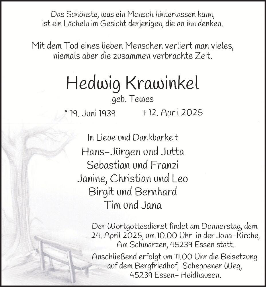  Traueranzeige für Hedwig Krawinkel vom 17.04.2025 aus Tageszeitung