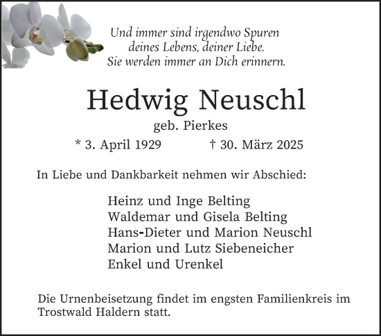 Traueranzeige von Hedwig Neuschl von Tageszeitung