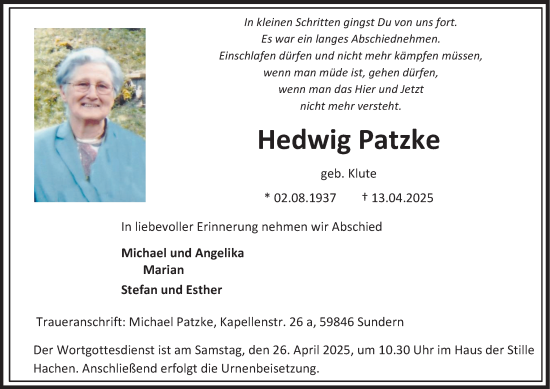 Traueranzeige von Hedwig Patzke von Tageszeitung