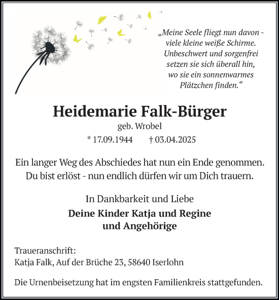 Traueranzeige von Heidemarie Falk-Bürger von Tageszeitung