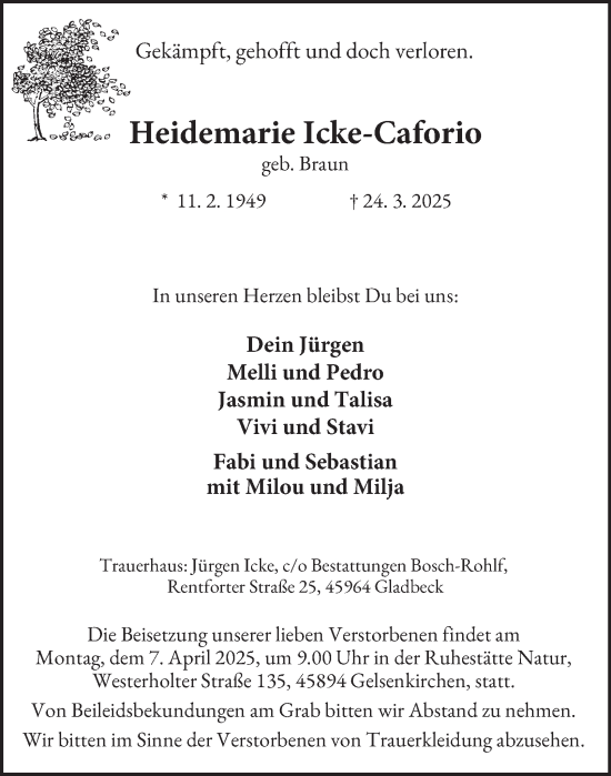 Traueranzeige von Heidemarie Icke-Caforio von Tageszeitung