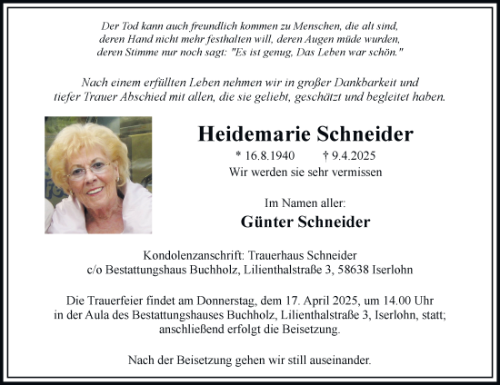 Traueranzeige von Heidemarie Schneider von Tageszeitung