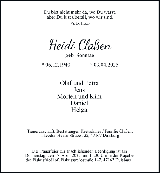 Traueranzeige von Heidi Claßen von Tageszeitung