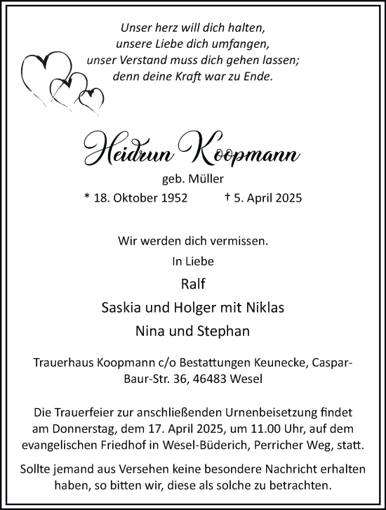 Traueranzeige von Heidrun Koopmann von Tageszeitung
