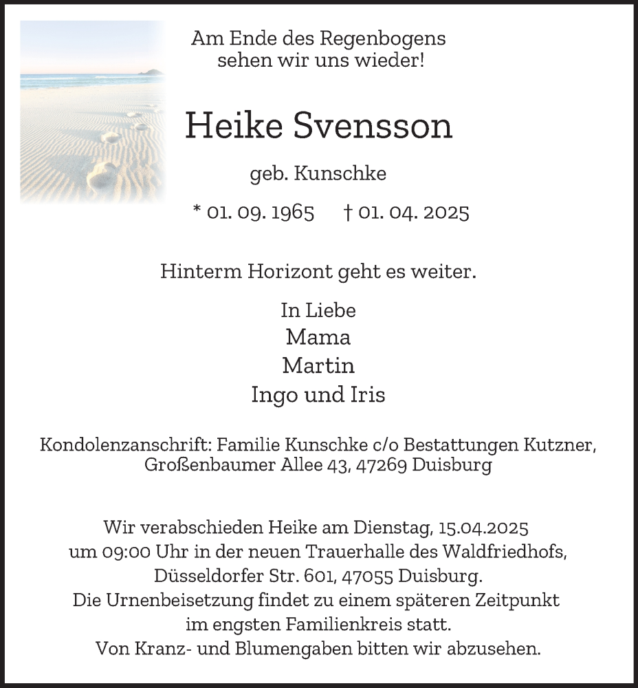  Traueranzeige für Heike Svensson vom 09.04.2025 aus Tageszeitung