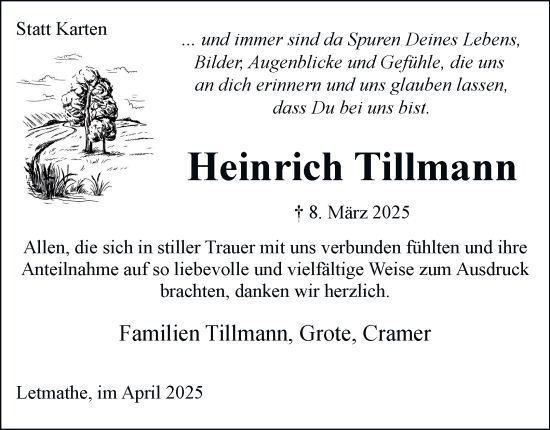 Traueranzeige von Heinrich Tillmann von Tageszeitung