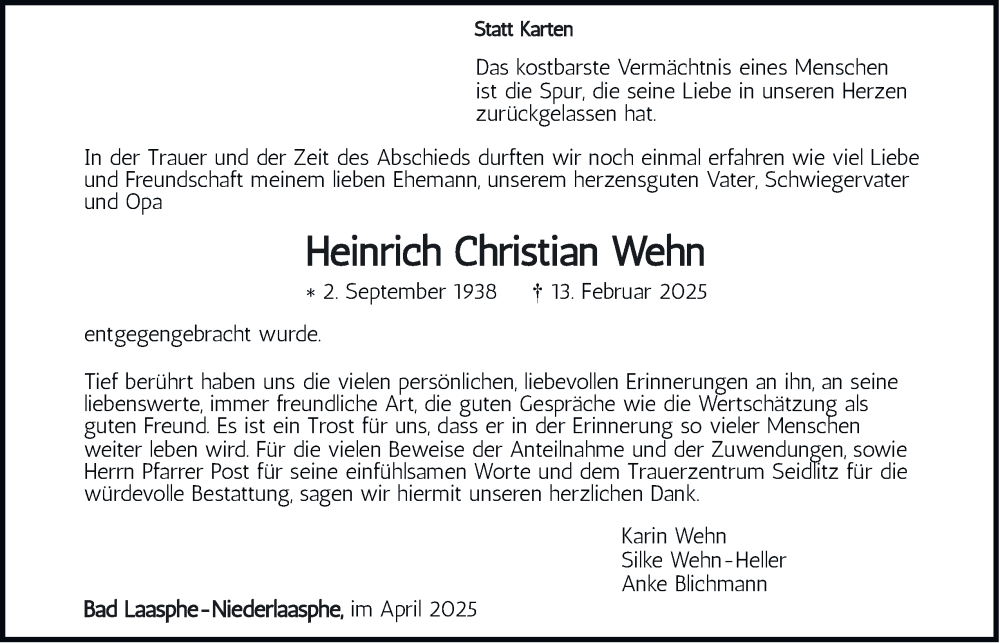  Traueranzeige für Heinrich Christian Wehn vom 19.04.2025 aus Tageszeitung