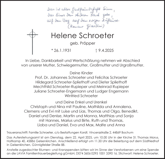 Traueranzeige von Helene Schroeter von Tageszeitung