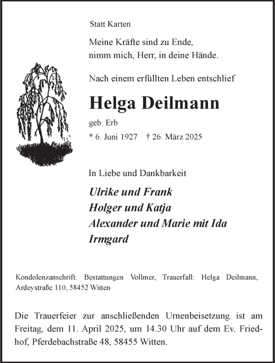 Traueranzeige von Helga Deilmann von Tageszeitung