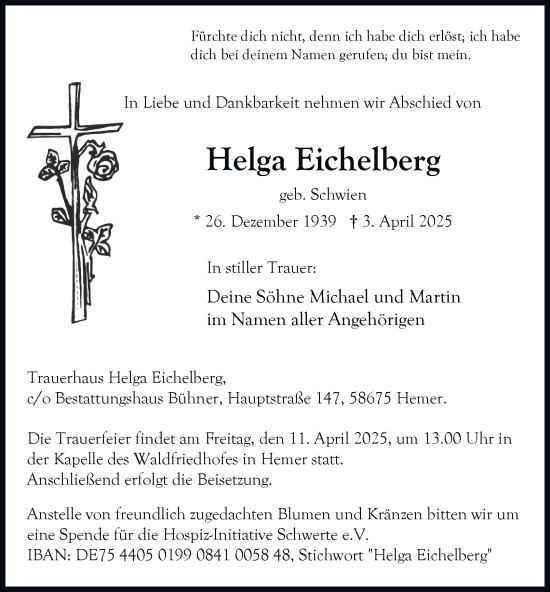 Traueranzeige von Helga Eichelberg von Tageszeitung