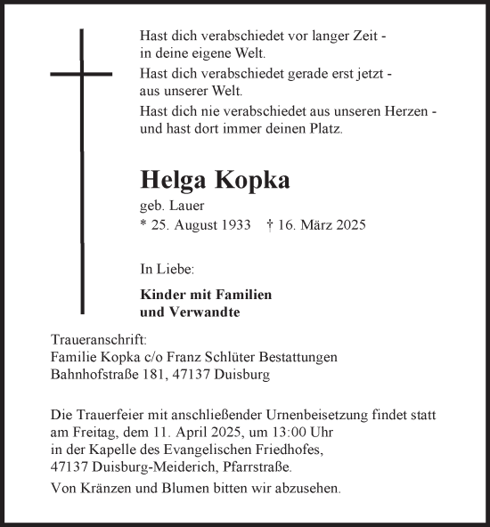 Traueranzeige von Helga Kopka von Tageszeitung