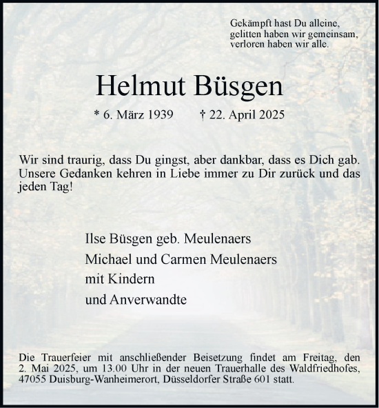 Traueranzeige von Helmut Büsgen von Tageszeitung