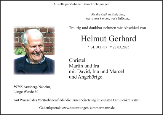 Traueranzeige von Helmut Gerhard von Tageszeitung