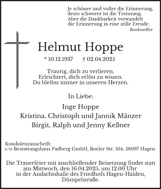 Traueranzeige von Helmut Hoppe von Tageszeitung
