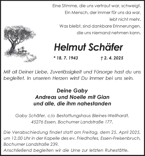 Traueranzeige von Helmut Schäfer von Tageszeitung