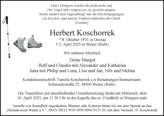 Traueranzeige von Herbert Koschorrek von Tageszeitung