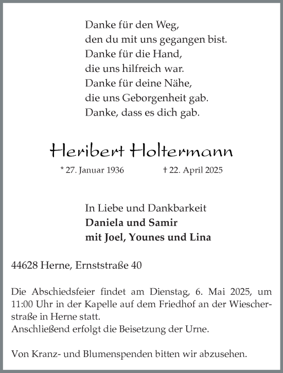 Traueranzeige von Heribert Holtermann von Tageszeitung
