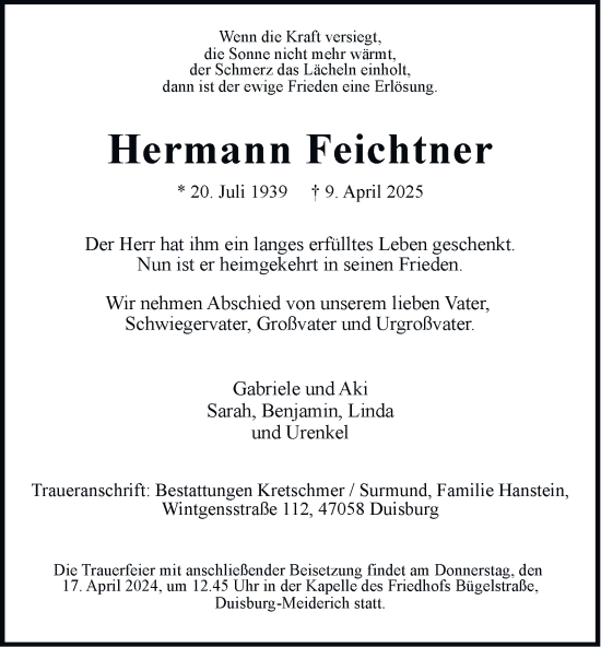 Traueranzeige von Hermann Feichtner von Tageszeitung