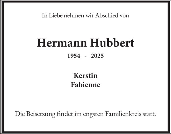 Traueranzeige von Hermann Hubbert von Tageszeitung