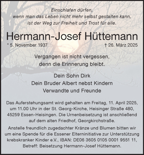 Traueranzeige von Hermann-Josef Hüttemann von Tageszeitung