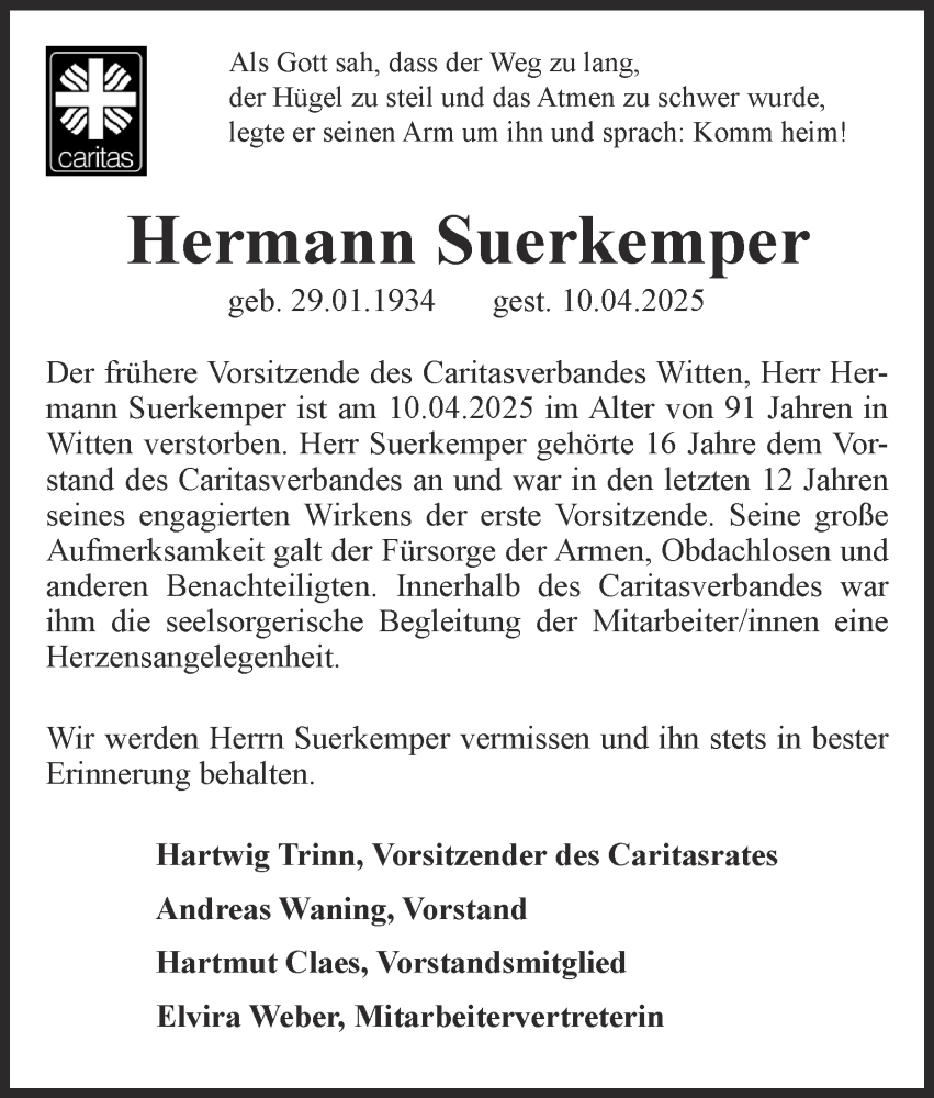  Traueranzeige für Hermann Suerkemper vom 19.04.2025 aus Tageszeitung