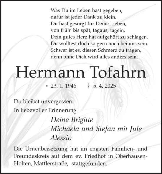 Traueranzeige von Hermann Tofahrn von Tageszeitung