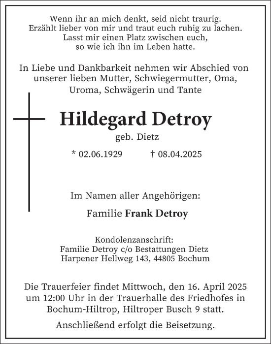 Traueranzeige von Hildegard Detroy von Tageszeitung