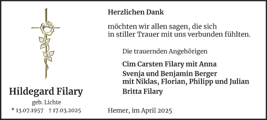 Traueranzeige von Hildegard Filary von Tageszeitung