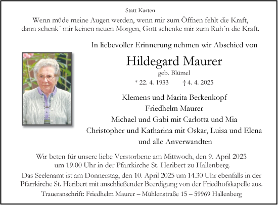 Traueranzeige von Hildegard Maurer von Tageszeitung