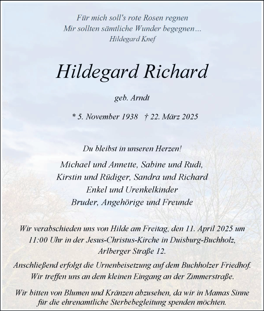  Traueranzeige für Hildegard Richard vom 05.04.2025 aus Tageszeitung