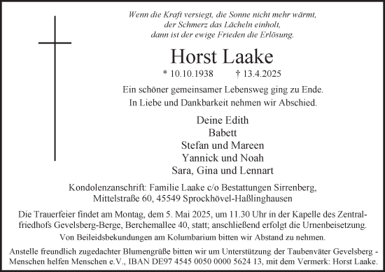 Traueranzeige von Horst Laake von Tageszeitung