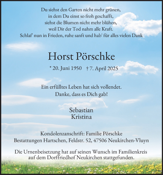 Traueranzeige von Horst Pörschke von Tageszeitung