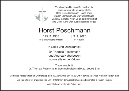 Traueranzeige von Horst Poschmann von Tageszeitung