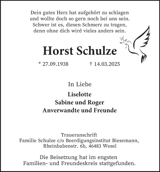 Traueranzeige von Horst Schulze von Tageszeitung