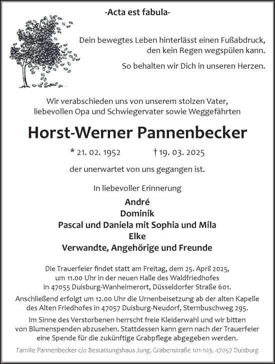 Traueranzeige von Horst-Werner Pannenbecker von Tageszeitung