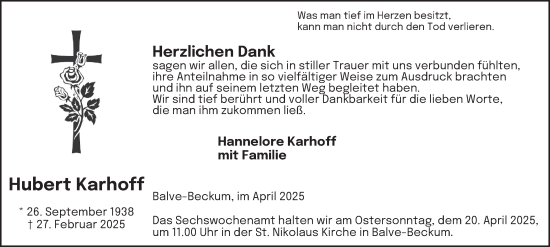 Traueranzeige von Hubert Karhoff von Tageszeitung