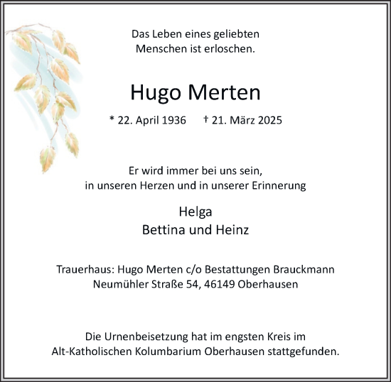 Traueranzeige von Hugo Merten von Tageszeitung