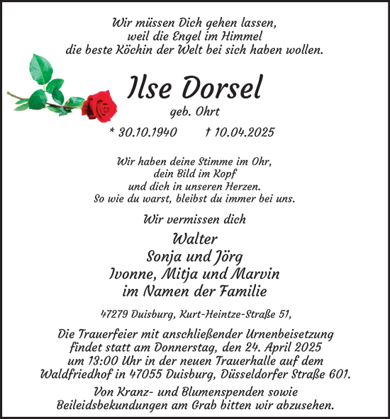 Traueranzeige von Ilse Dorsel von Tageszeitung