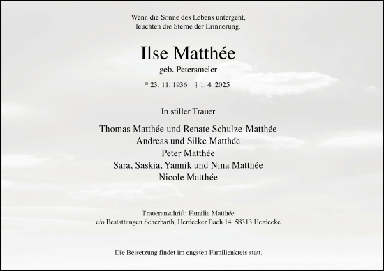 Traueranzeige von Ilse Matthée von Tageszeitung
